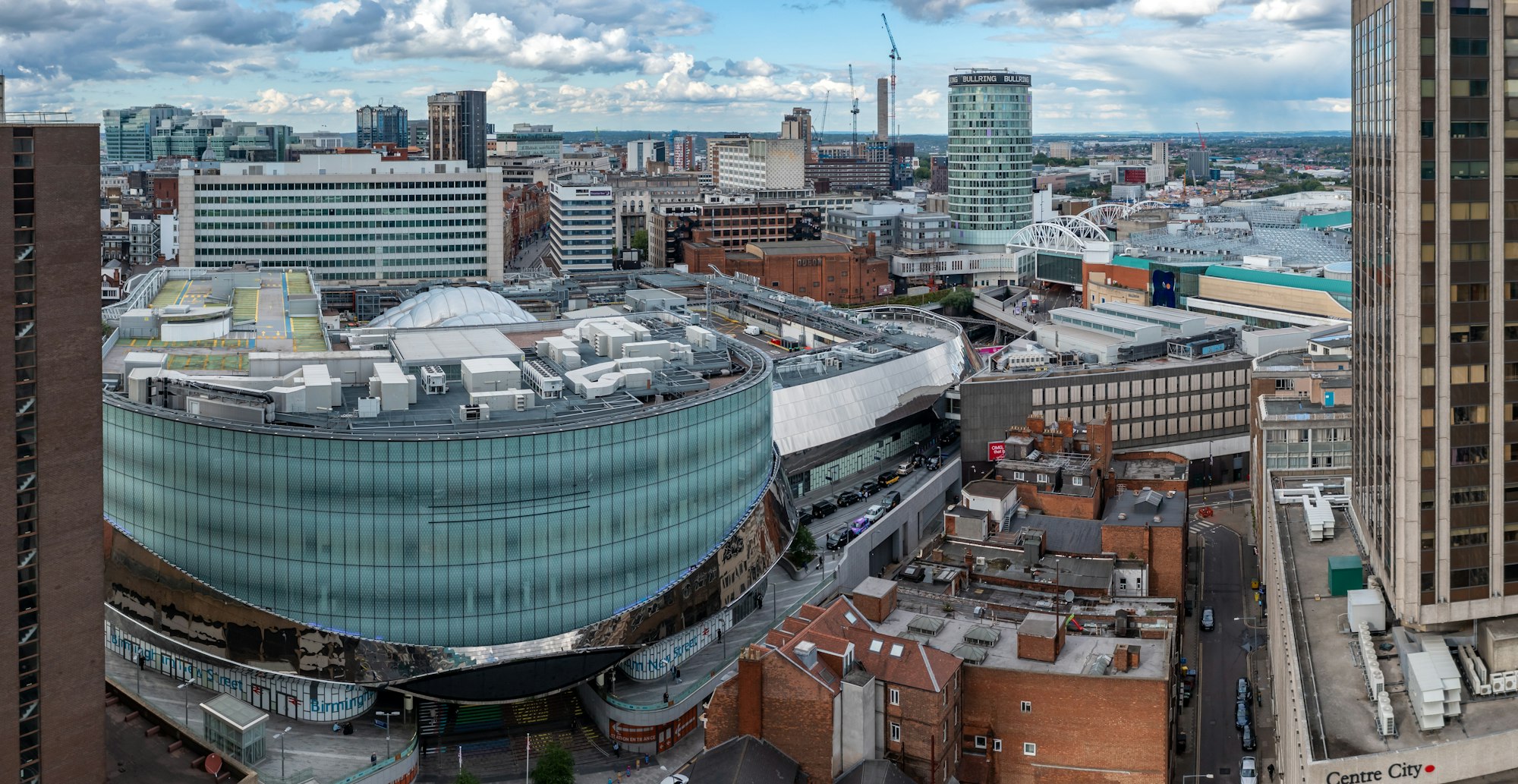 Aerial view of Birmingham city centre with new Street station and the Bullring shopping mall