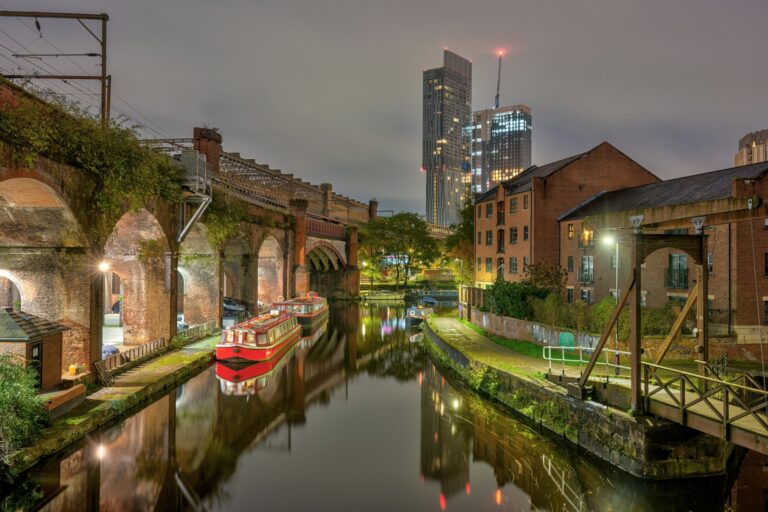 Castlefield in Manchester, UK, at night